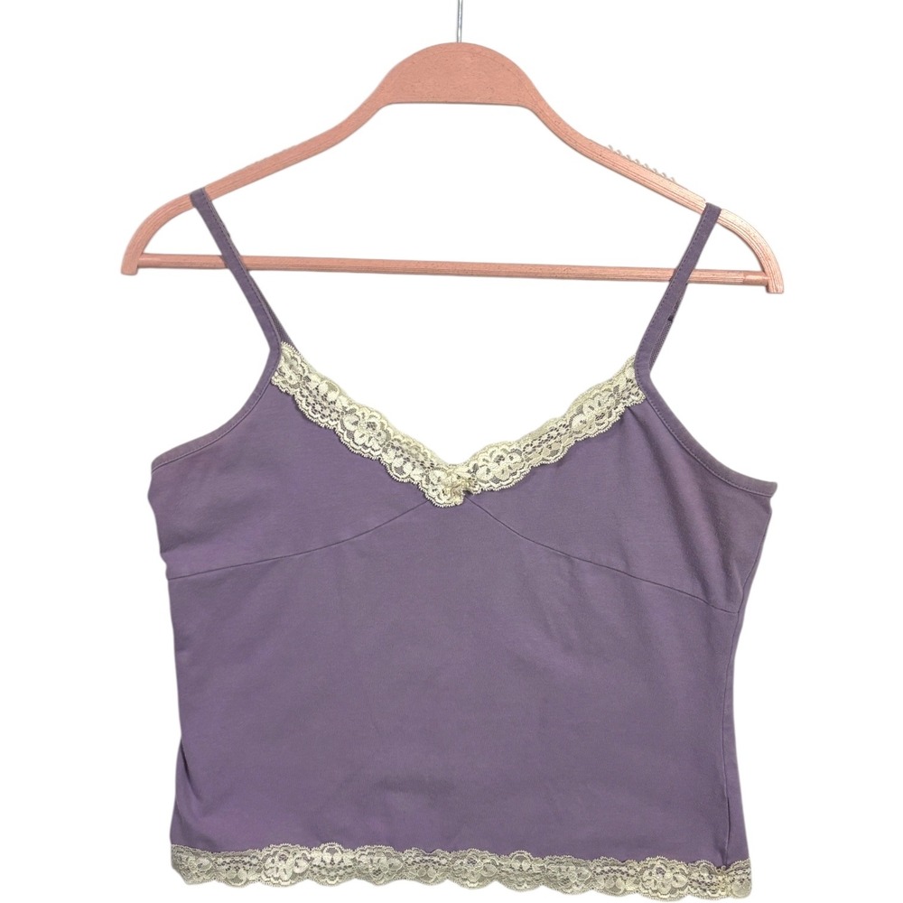 Vintage Purple White Cami Sz S Crop Top Tank Babydoll Lace Coquette Fairy Y2K